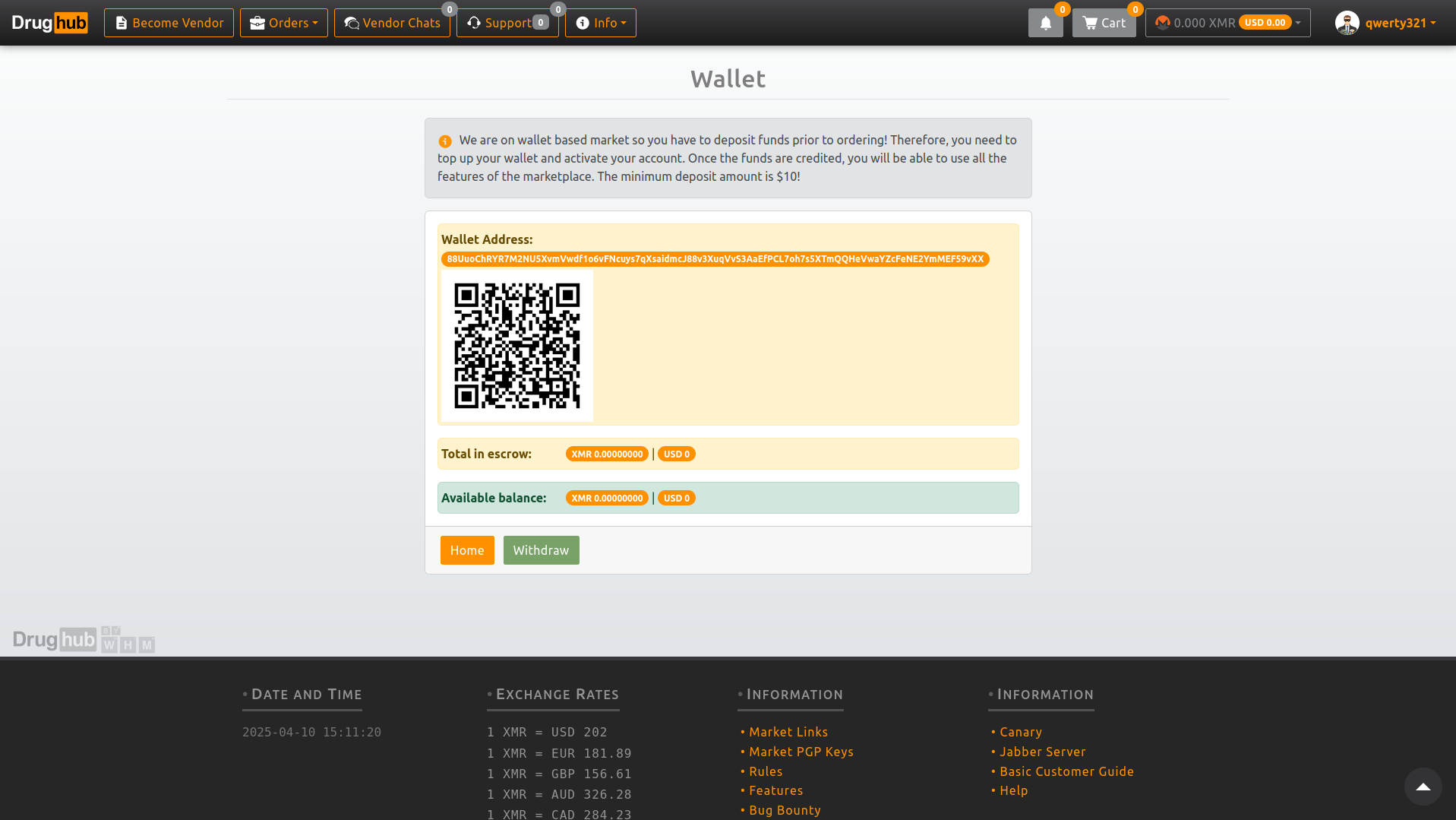 Drughub order checkout with Monero invoice